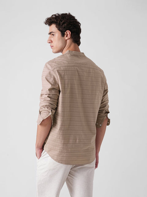 LIGHT BROWN DOBBY STRIPE KURTA - Kurta - 260134870