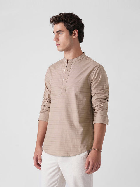 LIGHT BROWN DOBBY STRIPE KURTA - Kurta - 260134870