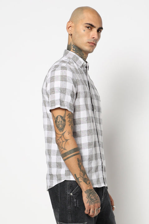 LIGHT GREY BUFFALO CHECKERED HALF SLEEVE LINEN SHIRT-Shirt - 250631447