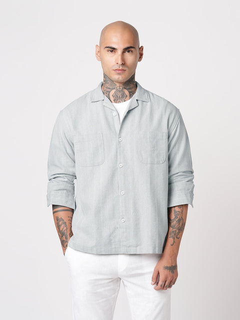 LIGHT GREY CUBAN COLLAR RELAXED FIT SHIRT-Shirt - 250932601