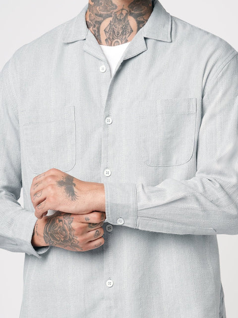 LIGHT GREY CUBAN COLLAR RELAXED FIT SHIRT-Shirt - 250932601