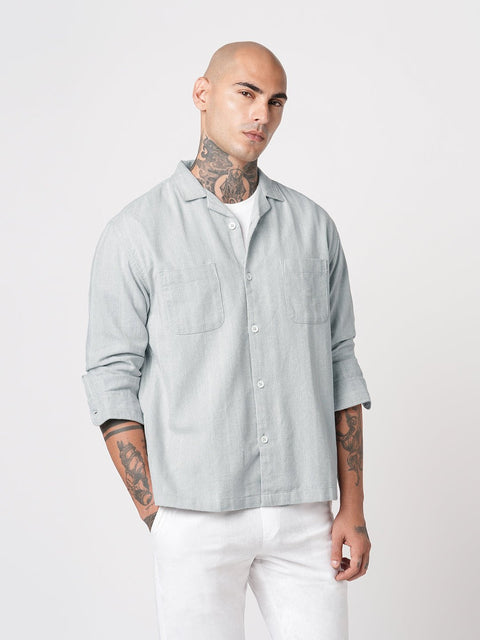 LIGHT GREY CUBAN COLLAR RELAXED FIT SHIRT-Shirt - 250932601