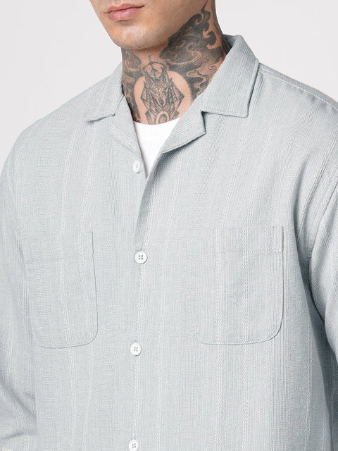 LIGHT GREY CUBAN COLLAR RELAXED FIT SHIRT-Shirt - 250932601