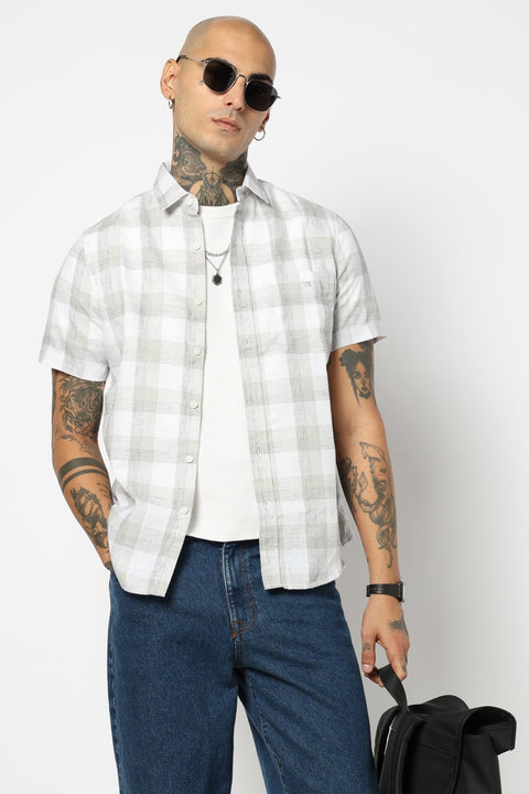 LIGHT GREY GINGHAM CHECKERED HALF SLEEVE SHIRT-Shirt - 250531263