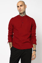 Maroon Mandarin Collar Shirt - Kurta - 221123421