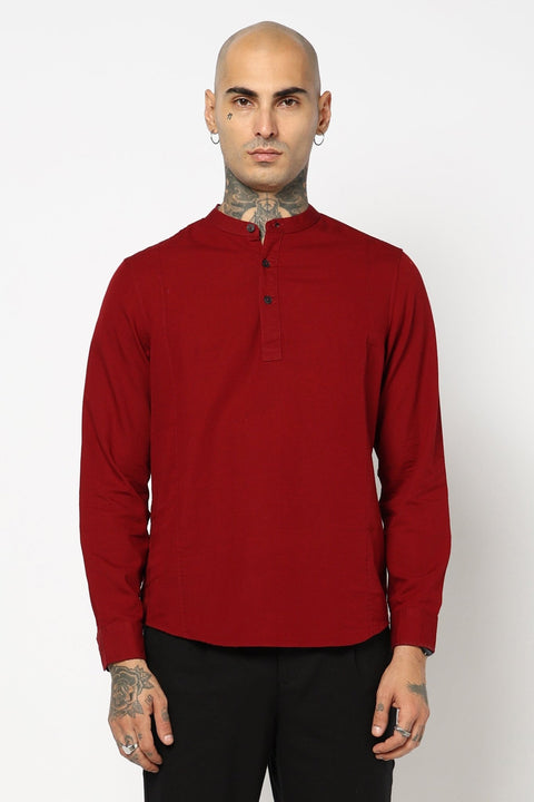 Maroon Mandarin Collar Shirt - Kurta - 221123421