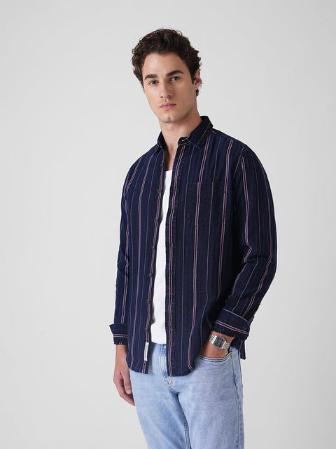 MAROON STRIPED SLUB COTTON SHIRT-Shirt - 260134255