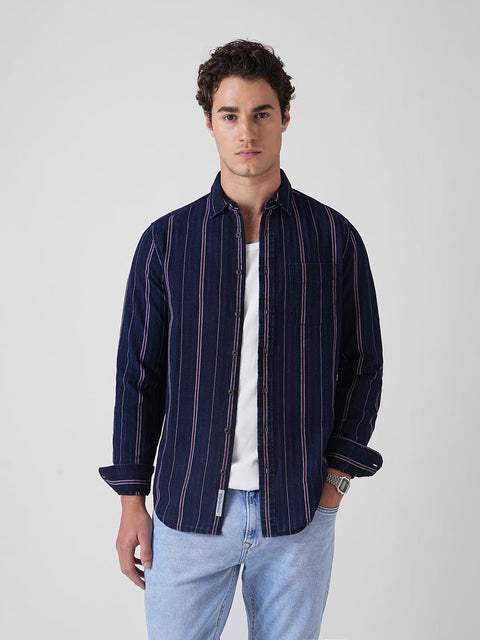 MAROON STRIPED SLUB COTTON SHIRT-Shirt - 260134255