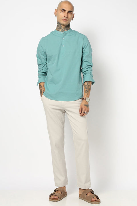 Mid Blue Solid Cotton Kurta Shirt - Kurta - 240126533