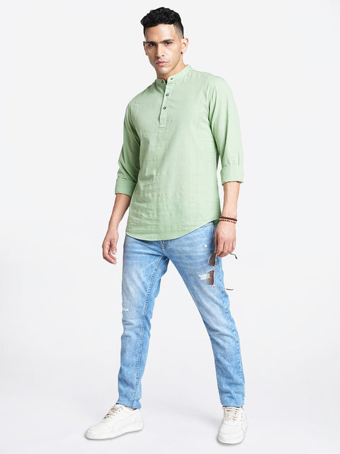 Mid Blue Solid Cotton Kurta Shirt - Kurta - 240120026