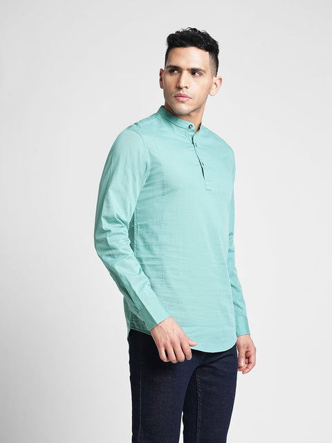 Mid Blue Solid Cotton Kurta Shirt - Kurta - 240126518