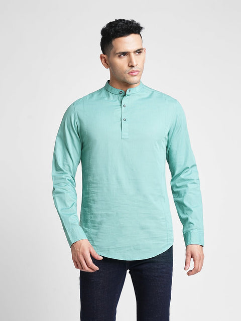 Mid Blue Solid Cotton Kurta Shirt - Kurta - 240126518