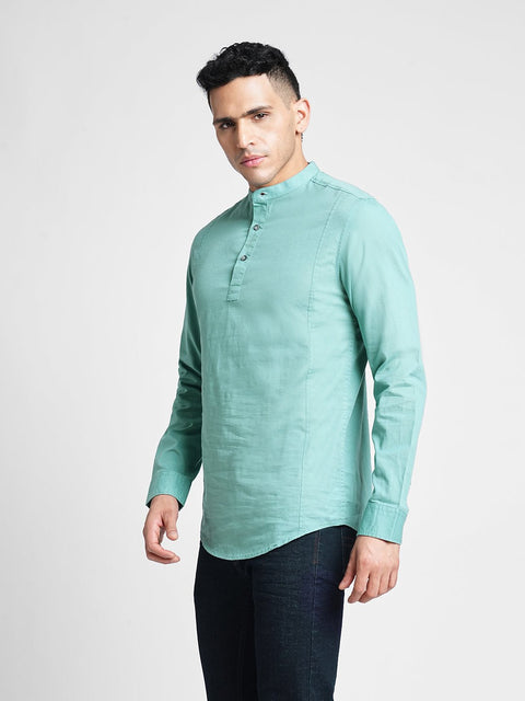 Mid Blue Solid Cotton Kurta Shirt - Kurta - 240126518