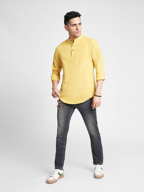 Mustard Solid Cotton Shirt Kurta - Kurta - 240126583