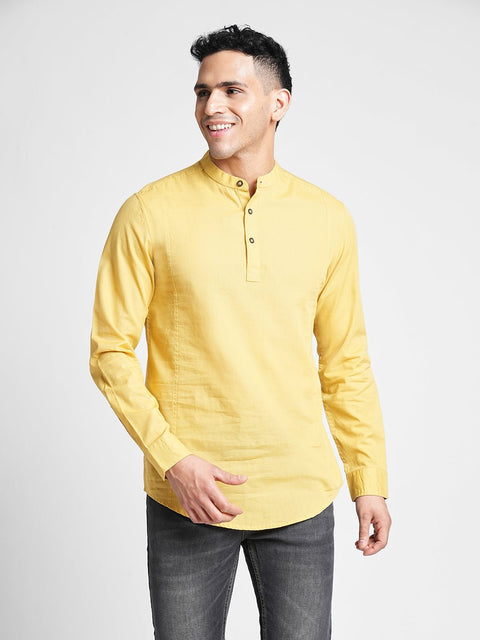 Mustard Solid Cotton Shirt Kurta - Kurta - 240126583