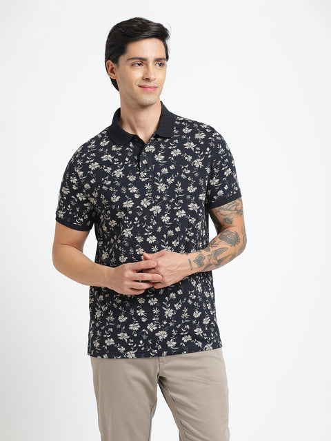 Navy Blue Printed Polo T-Shirt - T-Shirt - 231231127