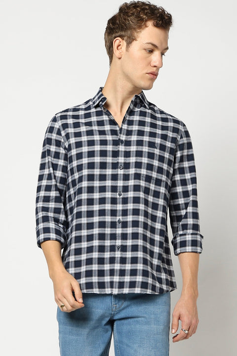Navy Checkered Tailored Fit Shirt - Shirts - 250330868