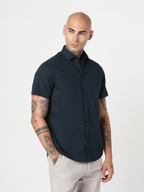 NAVY PLAIN HALF SLEEVE SHIRT-Shirt - 260134340