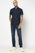 NAVY PRINTED HALF SLEEVE LINEN SHIRT-Shirt - 221223795
