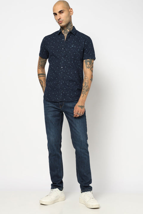 NAVY PRINTED HALF SLEEVE LINEN SHIRT-Shirt - 221223795