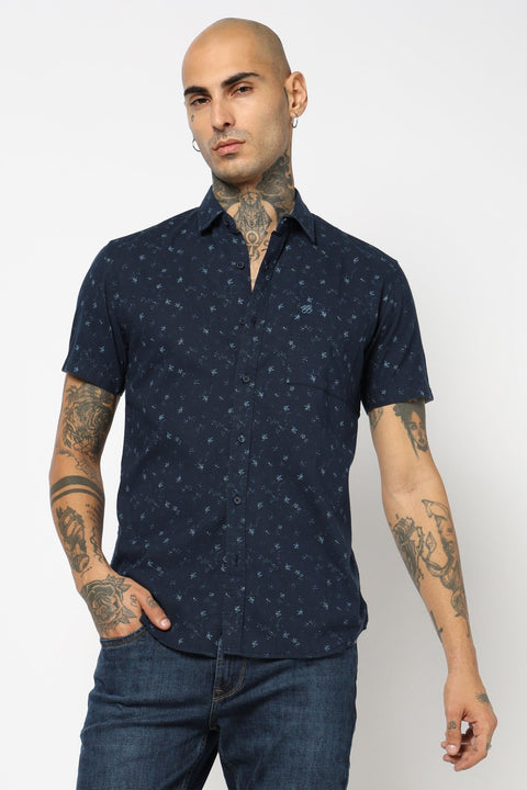 NAVY PRINTED HALF SLEEVE LINEN SHIRT-Shirt - 221223795