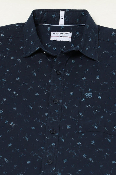 NAVY PRINTED HALF SLEEVE LINEN SHIRT-Shirt - 221223795