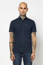 NAVY PRINTED HALF SLEEVE LINEN SHIRT-Shirt - 221223795