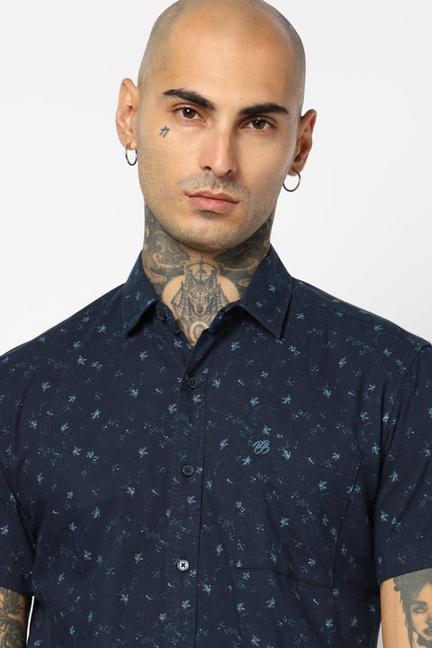 NAVY PRINTED HALF SLEEVE LINEN SHIRT-Shirt - 221223795