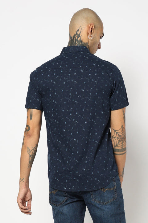 NAVY PRINTED HALF SLEEVE LINEN SHIRT-Shirt - 221223795