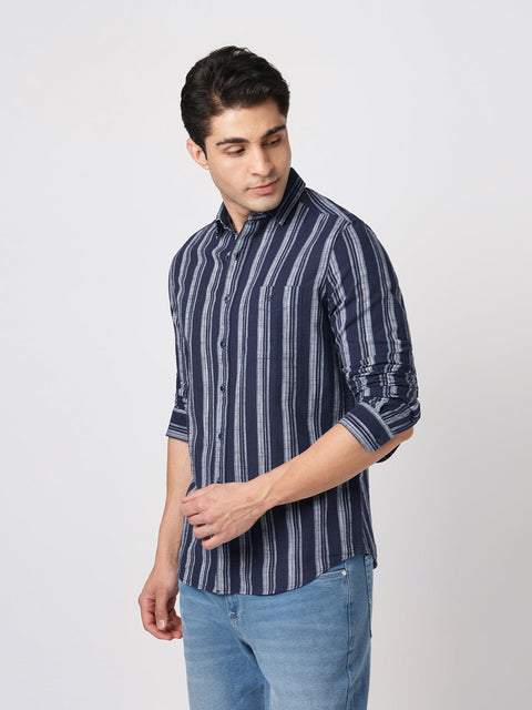 NAVY STRIPED TAILORED FIT COTTON SHIRT-Shirt - 251133746