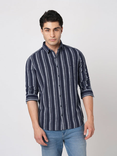 NAVY STRIPED TAILORED FIT COTTON SHIRT-Shirt - 251133746