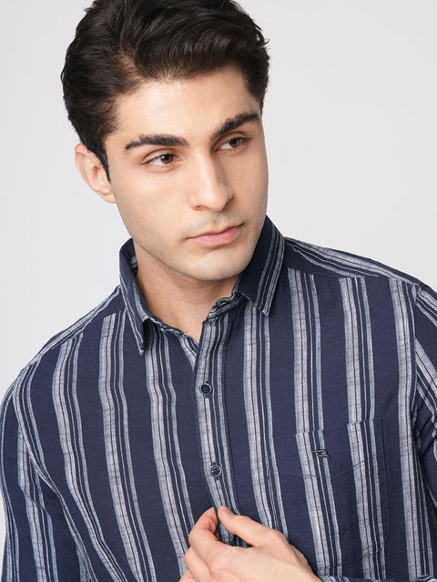 NAVY STRIPED TAILORED FIT COTTON SHIRT-Shirt - 251133746
