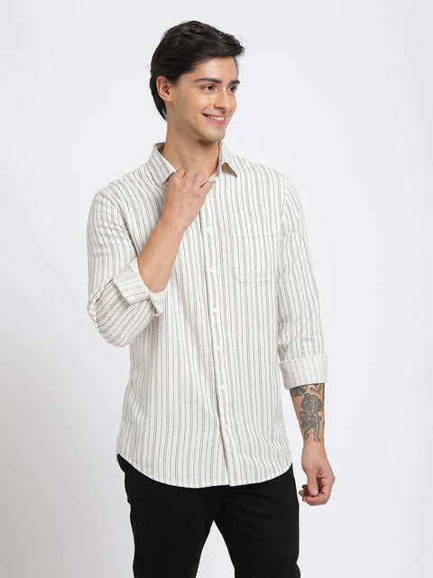 Off White Striped Cotton Shirt - Shirt - 240527986