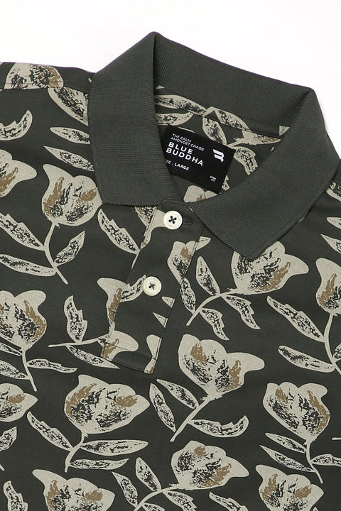 Olive All Over Floral Printed Polo - T-Shirt - 2409300709