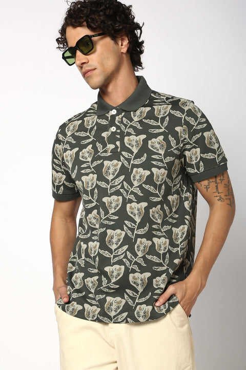 Olive All Over Floral Printed Polo - T-Shirt - 2409300709