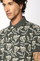 Olive All Over Floral Printed Polo - T-Shirt - 2409300709