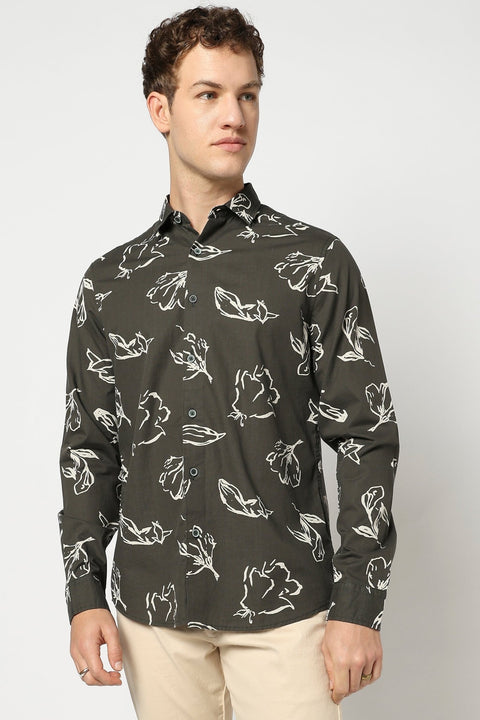 Olive Botenical Printed Fulle Sleeve Shirt - Shirts - 250331058
