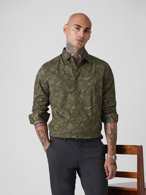 OLIVE FLORAL PRINT TWILL SHIRT-Shirt - 251134091
