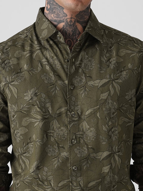 OLIVE FLORAL PRINT TWILL SHIRT-Shirt - 251134091