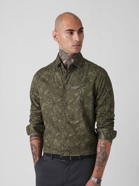 OLIVE FLORAL PRINT TWILL SHIRT-Shirt - 251134091