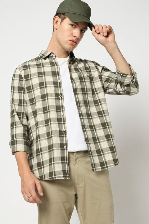Olive Full Sleeve Checkered Shirt - Shirts - 250230523