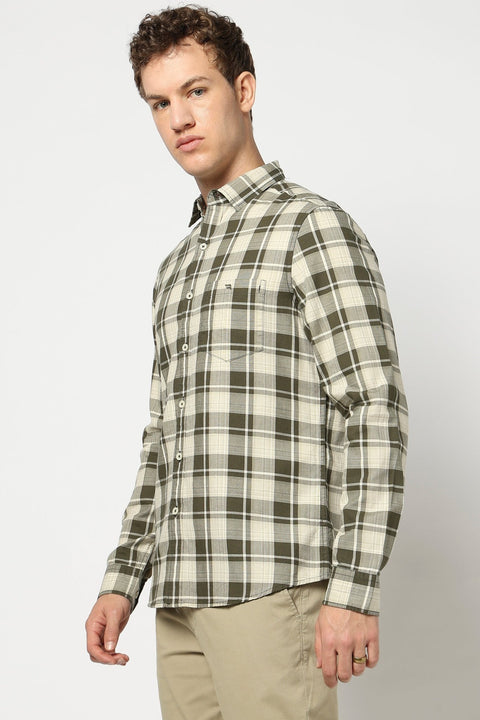 Olive Full Sleeve Checkered Shirt - Shirts - 250230523