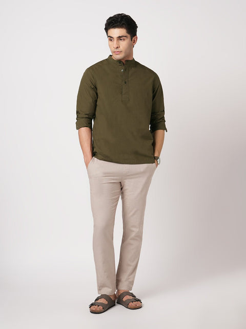 OLIVE MANDARIN COLLAR KURTA - Kurta - 251134021
