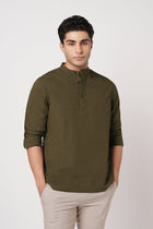 OLIVE MANDARIN COLLAR KURTA - Kurta - 251134021