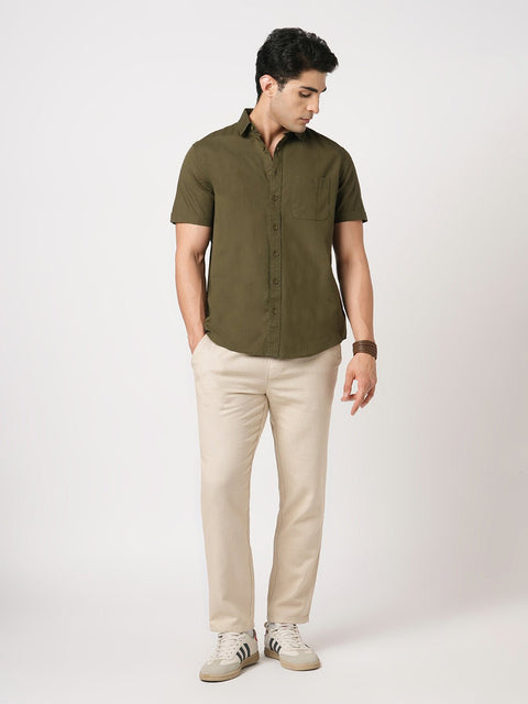 OLIVE PLAIN HALF SLEEVE SHIRT-Shirt - 260134335