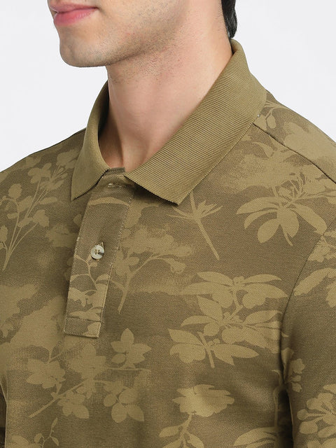 Olive Printed Polo Cotton T-Shirt - T-Shirt - 231231132