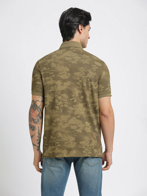 Olive Printed Polo Cotton T-Shirt - T-Shirt - 231231132