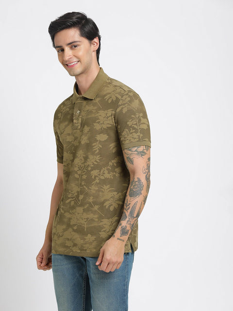 Olive Printed Polo Cotton T-Shirt - T-Shirt - 231231132