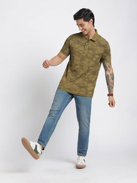 Olive Printed Polo Cotton T-Shirt - T-Shirt - 231231132