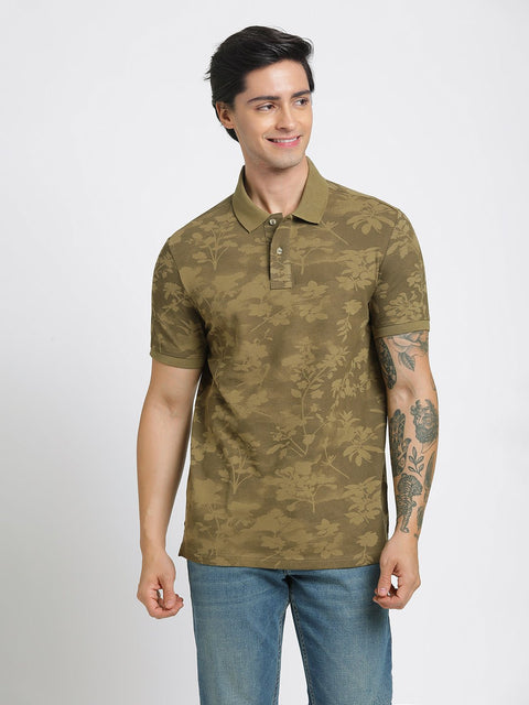 Olive Printed Polo Cotton T-Shirt - T-Shirt - 231231132